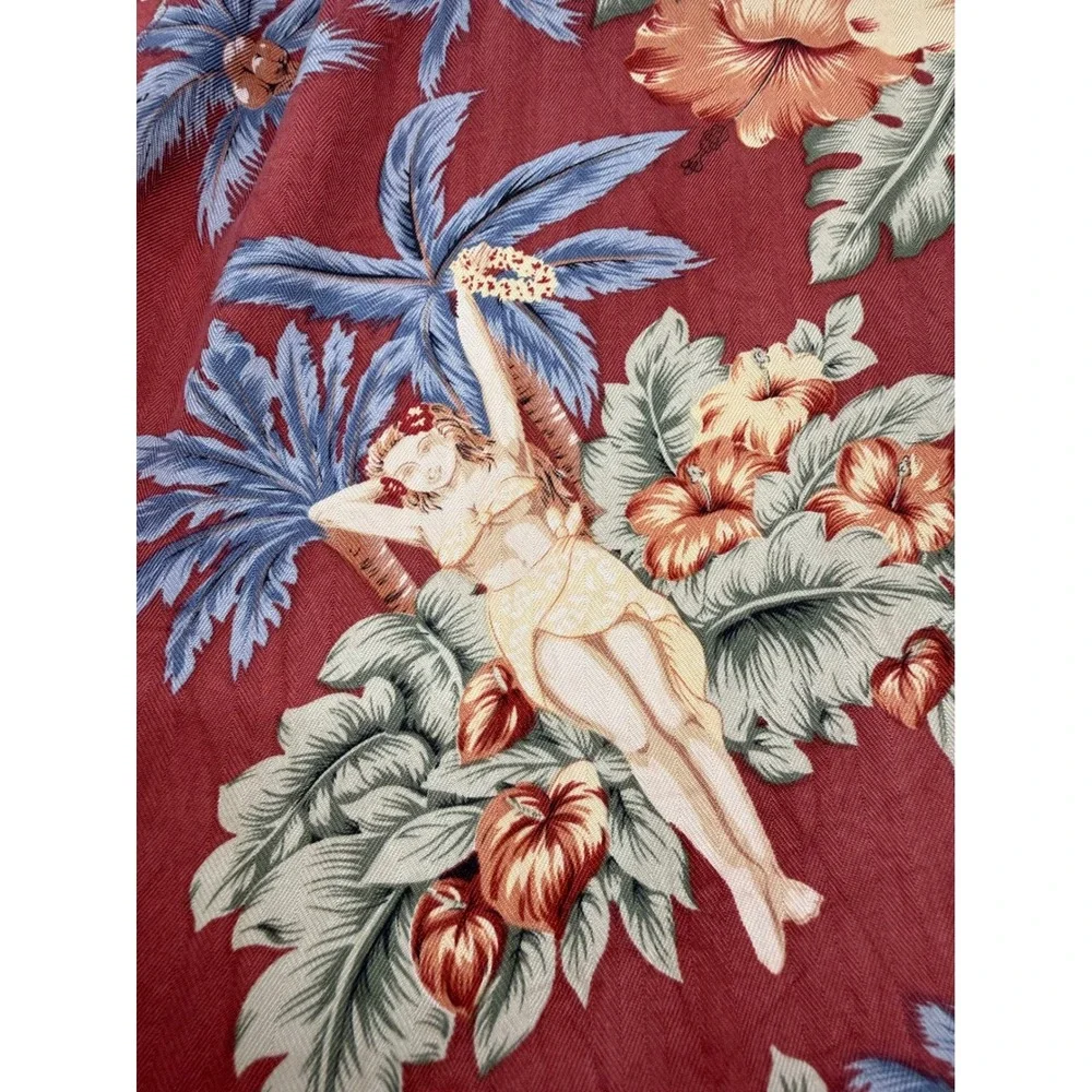 Tommy Bahama Mens XXL Red Silk Hula Girl Palm Tree Tropical Camp Shirt